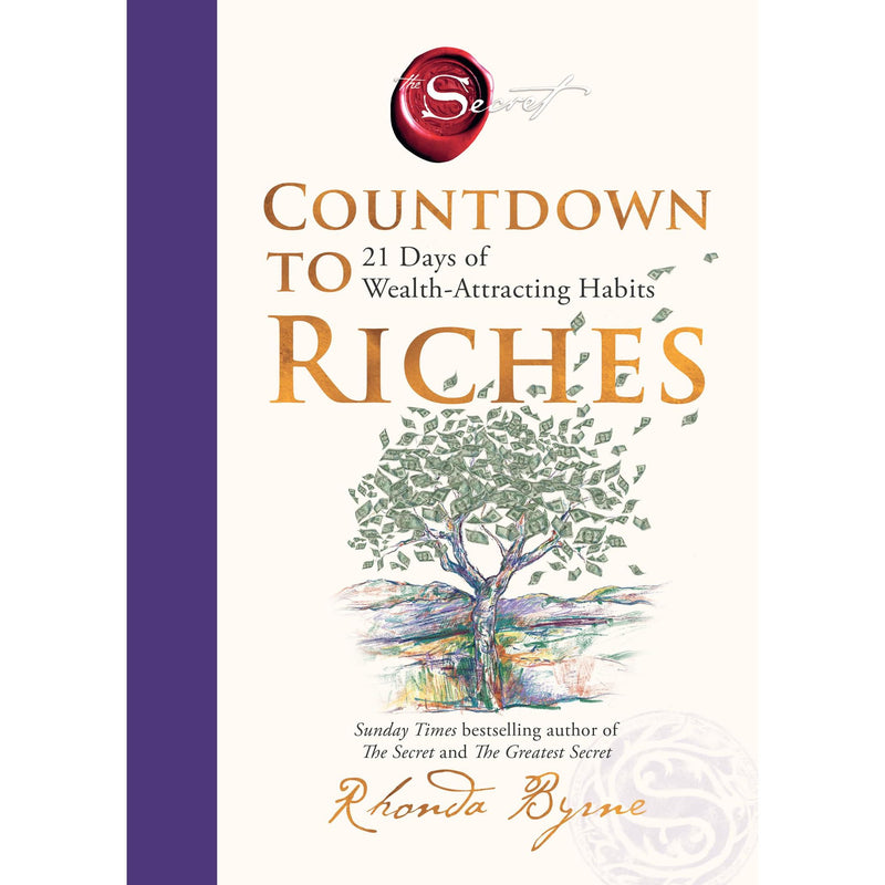 Paperback book titled "Countdown To Riches" by Rhonda Byrne, featuring a colorful cover about wealth-attracting habits.
