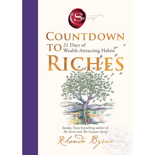 Paperback book titled "Countdown To Riches" by Rhonda Byrne, featuring a colorful cover about wealth-attracting habits.