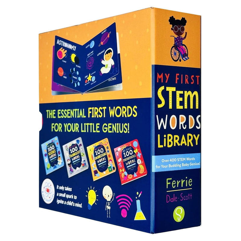 My First Stem Words Library set by Chris Ferrie, includes four books on science, technology, engineering, and math concepts.