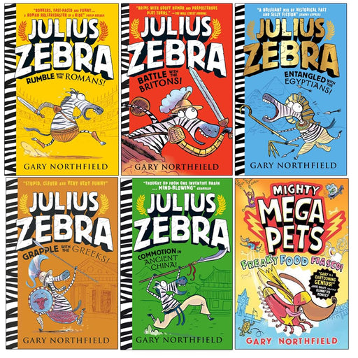 Six paperback Julius Zebra: Rumble with the Romans! book collection by Gary Northfield, featuring colorful cartoon-style covers.