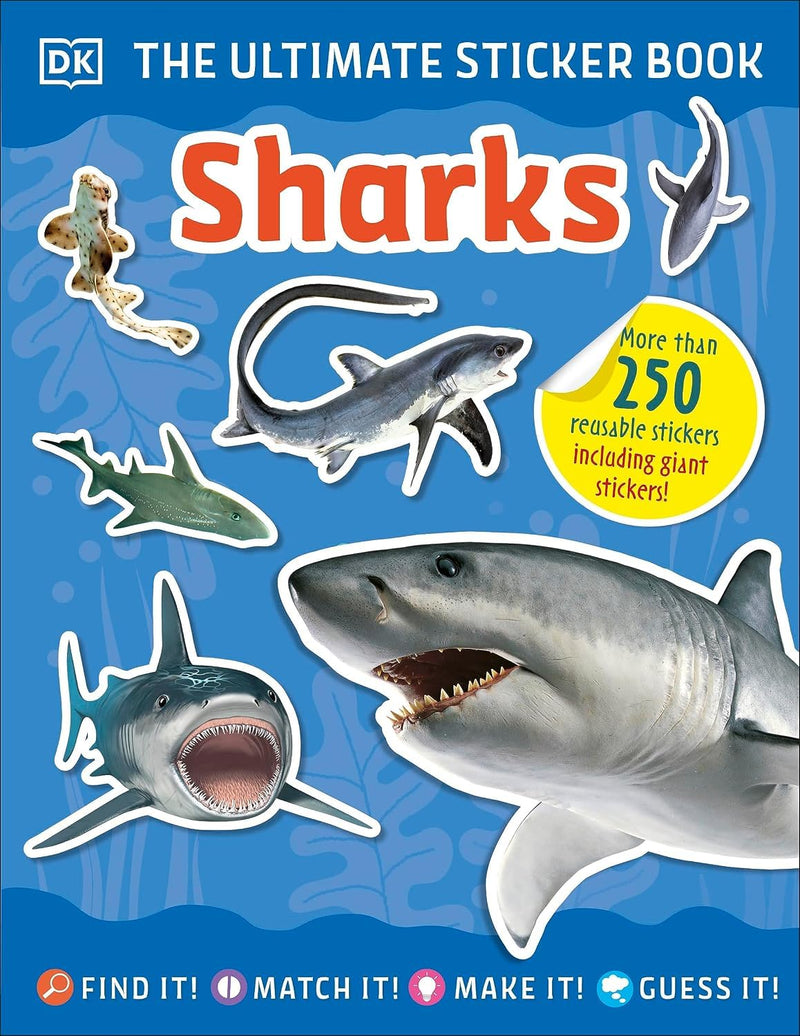 Set of DK Ultimate Sticker Books Series 6 featuring animals, bugs, farm scenes, and sharks with colorful, detailed illustrations.