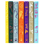 Set of seven Sherlock Holmes classic editions by Arthur Conan Doyle, hardcover box set featuring titles like Valley of Fear and His Last Bow.