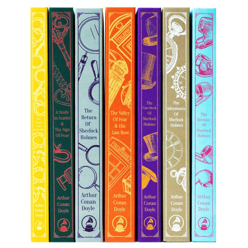 Set of seven Sherlock Holmes classic editions by Arthur Conan Doyle, hardcover box set featuring titles like Valley of Fear and His Last Bow.
