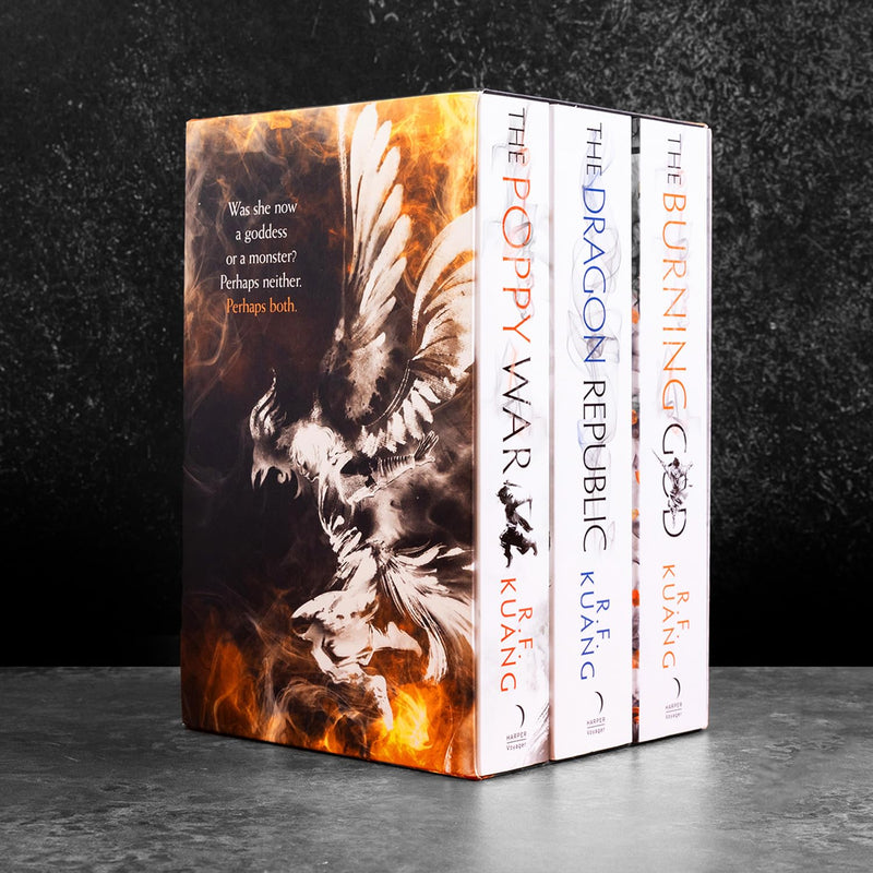 Collection of three Poppy War series books by R.F. Kuang, published by HarperVoyager, featuring covers of The Poppy War and The Dragon Republic.