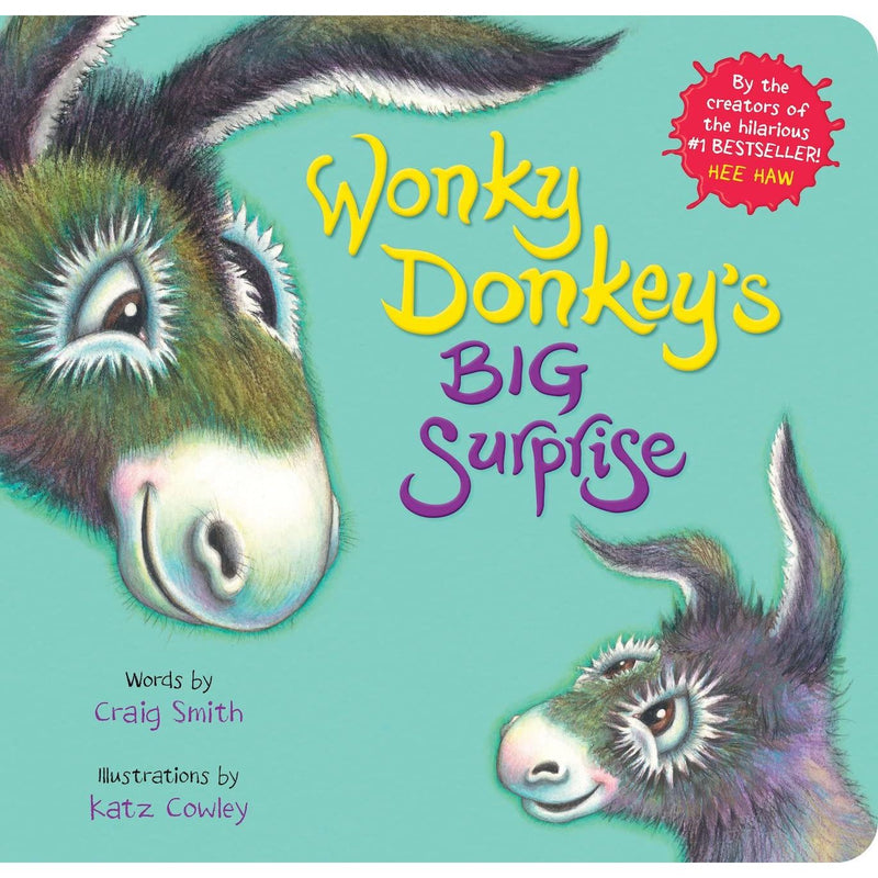 Colorful cover of the Wonky Donkey's Big Surprise board book by Scholastic, featuring playful illustrations for children.