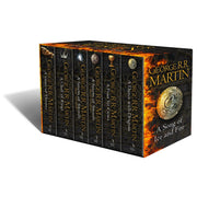 Six-book A Song of Ice and Fire collection by George R.R. Martin in paperback, featuring book covers from HarperVoyager edition.