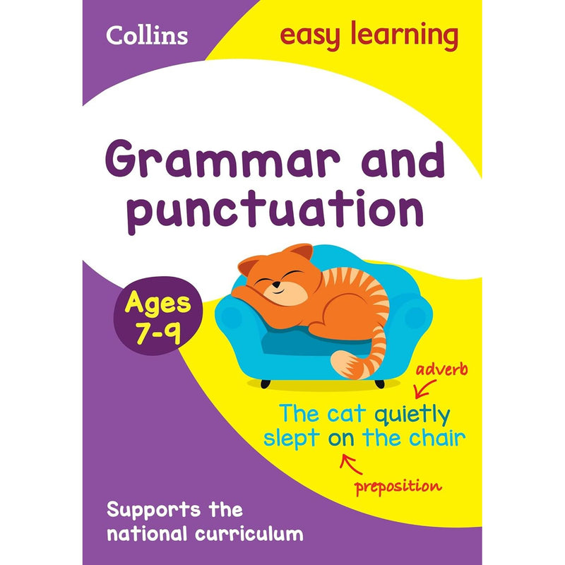 Collins Easy Learning Grammar and Punctuation book for ages 7-9, featuring colorful cover with educational illustrations for classroom or home.