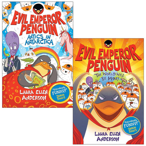 Two paperback books from the Evil Emperor Penguin & The World Will Be Mine! collection by Laura Ellen Anderson, featuring colorful cover art.