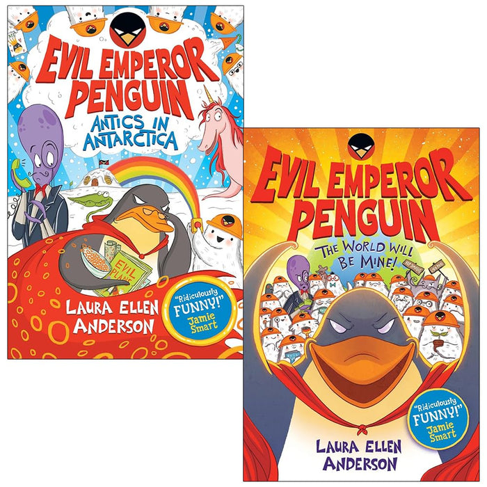 Two paperback books from the Evil Emperor Penguin & The World Will Be Mine! collection by Laura Ellen Anderson, featuring colorful cover art.