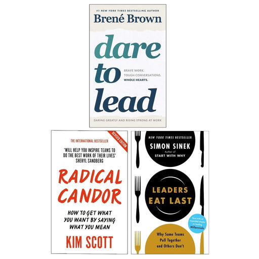 Set of three leadership books including Dare to Lead, Leaders Eat Last, and Radical Candor by Brené Brown, Kim Scott, and Simon Sinek.