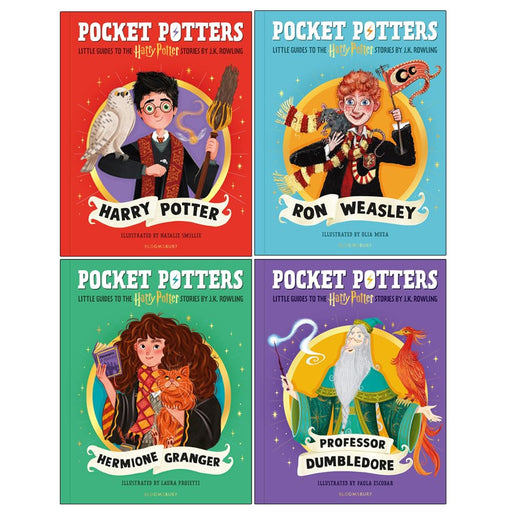Set of four Harry Potter books by J.K. Rowling in the Pocket Potters collection, featuring colorful cover illustrations.
