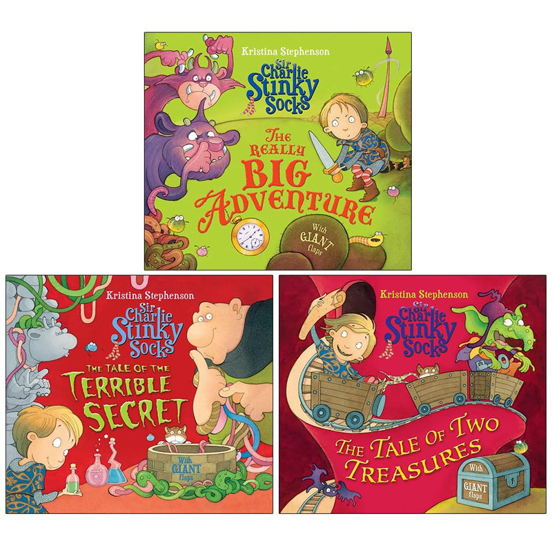 Set of three Sir Charlie Stinky Socks paperback books by Kristina Stephenson for ages 3-7, featuring colorful illustrated covers.