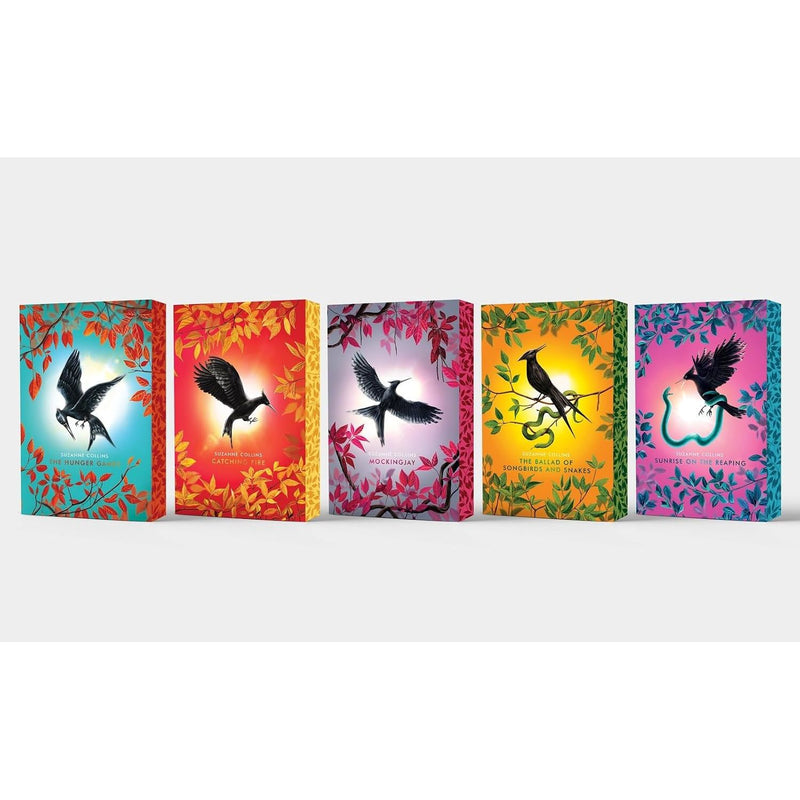 The Hunger Games 5-book collection box set by Suzanne Collins, paperback young adult novels, published by Scholastic.