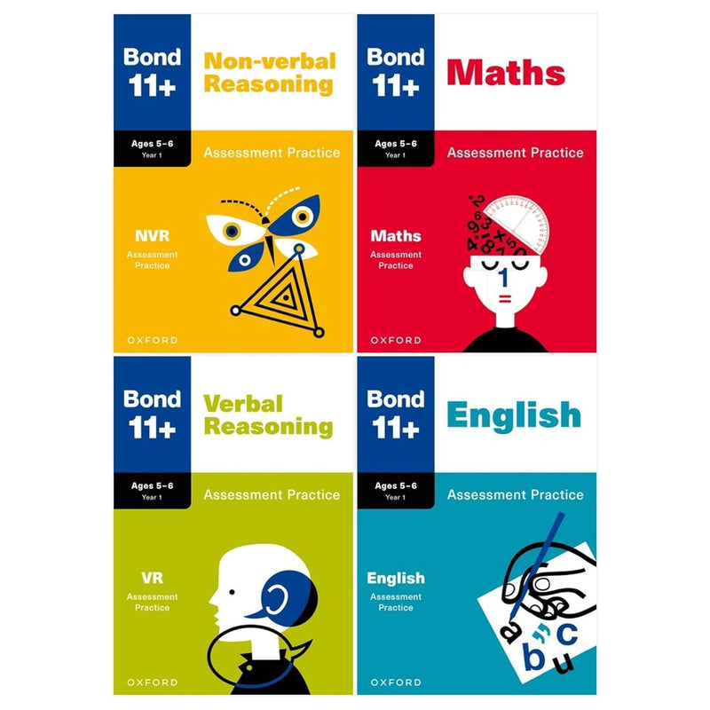 Bond 11+ Maths English Verbal Non-Verbal Reasoning assessment practice books set for ages 5-6, by Bond and OUP Oxford.