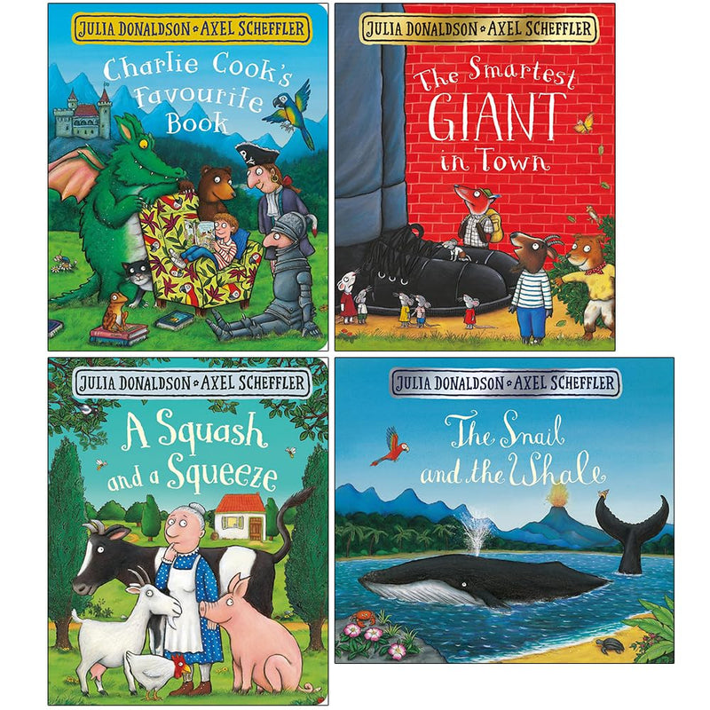 Julia Donaldson Collection 4 Books Set (Charlie Cook's Favourite Book, The Smartest Giant in Town, A Squash and a Squeeze and The Snail and the Whale) - The Book Bundle
