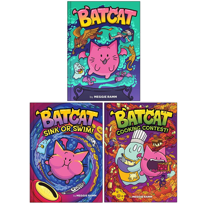 Batcat 3-book graphic novel collection by Meggie Ramm, hardcover set featuring colorful superhero and feline characters.