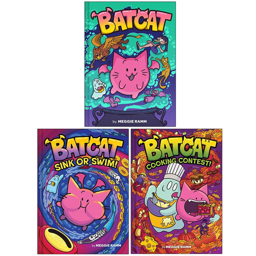 Batcat 3-book graphic novel collection by Meggie Ramm, hardcover set featuring colorful superhero and feline characters.