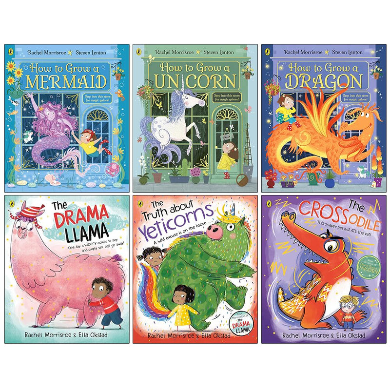 Six paperback books from the "How to Grow a Mermaid & Unicorn" collection by Rachel Morrisroe, featuring colorful cover designs.