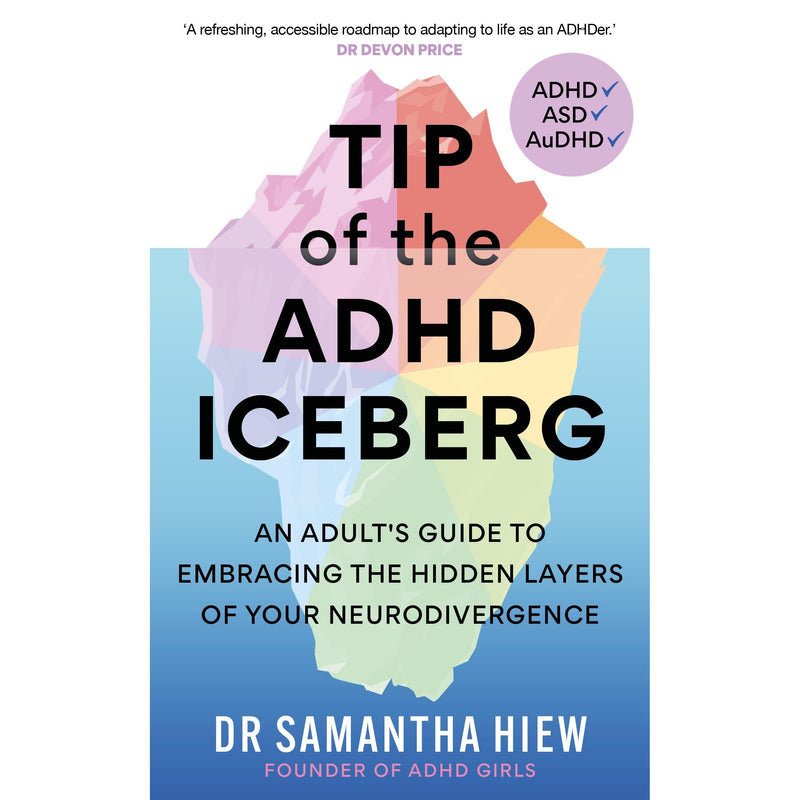 Book cover of "Tip of the ADHD Iceberg" by Aster, featuring a colorful iceberg illustration and titles about adult ADHD and neurodivergence.