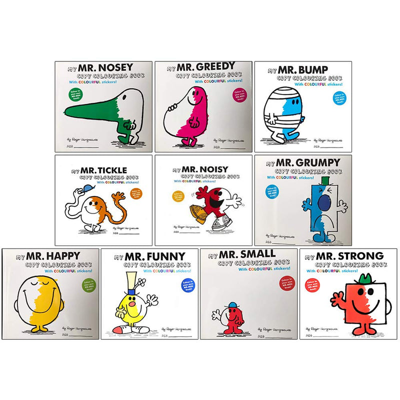 Set of 10 Mr Men paperback books by Roger Hargreaves for ages 3-5, featuring colorful covers and classic characters.