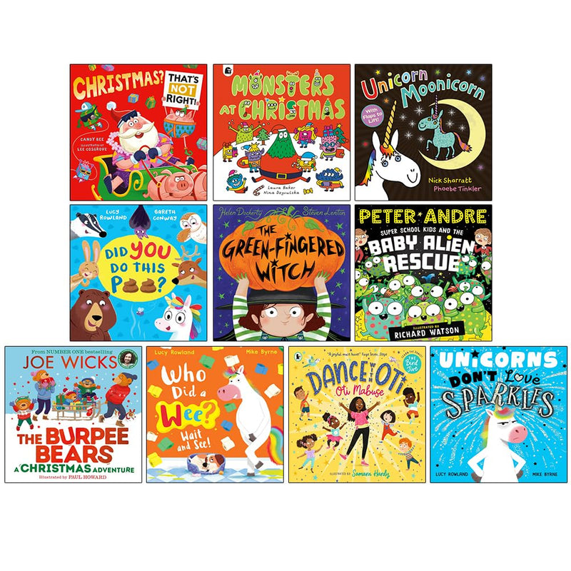 Kids picture books collection featuring colorful illustrated paperback storybooks including Christmas, unicorn, funny, and adventure stories.