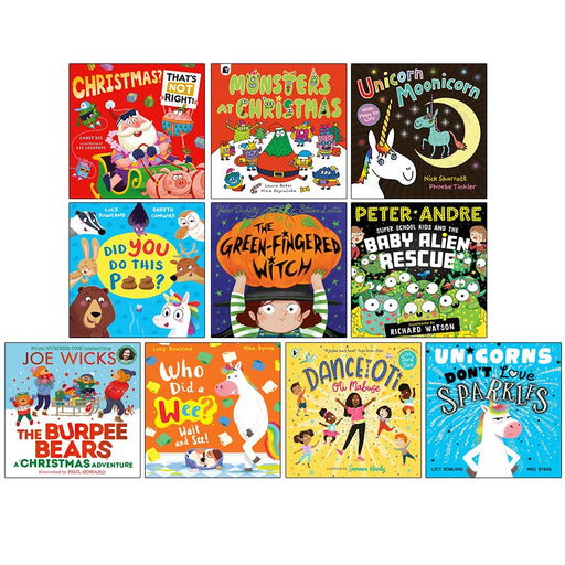 Kids picture books collection featuring colorful illustrated paperback storybooks including Christmas, unicorn, funny, and adventure stories.