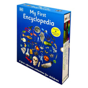 Set of four DK My First Encyclopedia books for ages 3-7, featuring colorful covers and engaging educational illustrations.