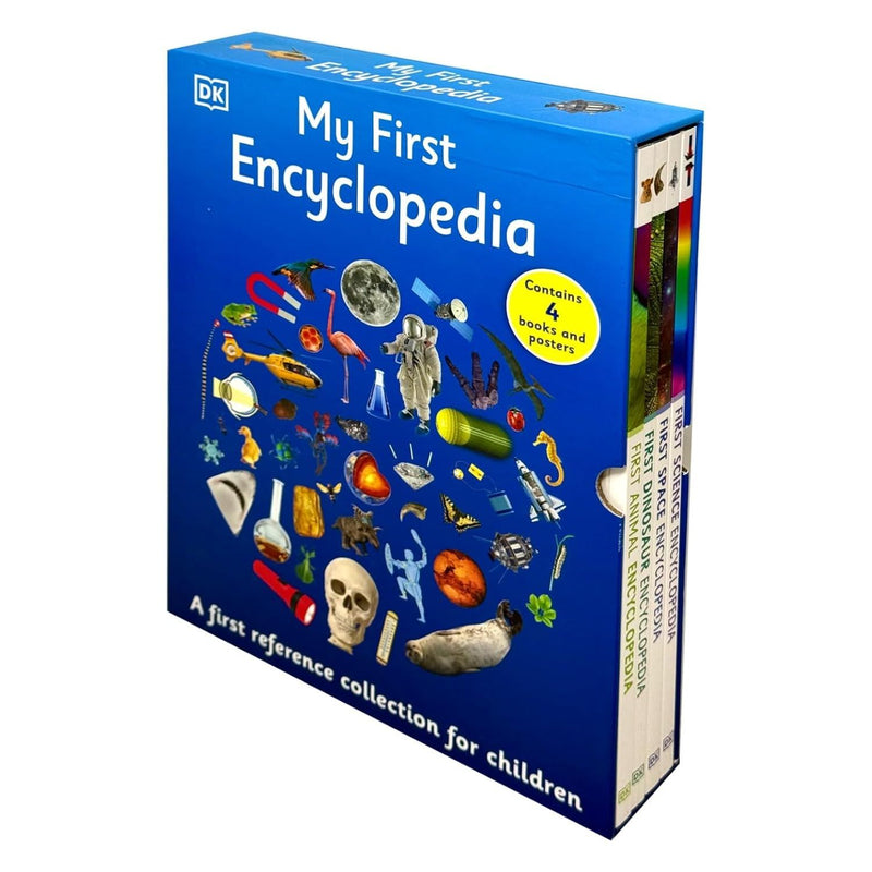 Set of four DK My First Encyclopedia books for ages 3-7, featuring colorful covers and engaging educational illustrations.
