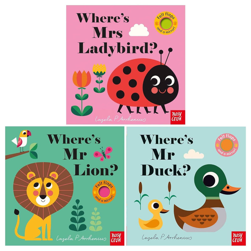 Set of three board books from Ingela P Arrhenius' Felt Flaps and the Mirror collection for ages 0-2, featuring colorful illustrated covers.