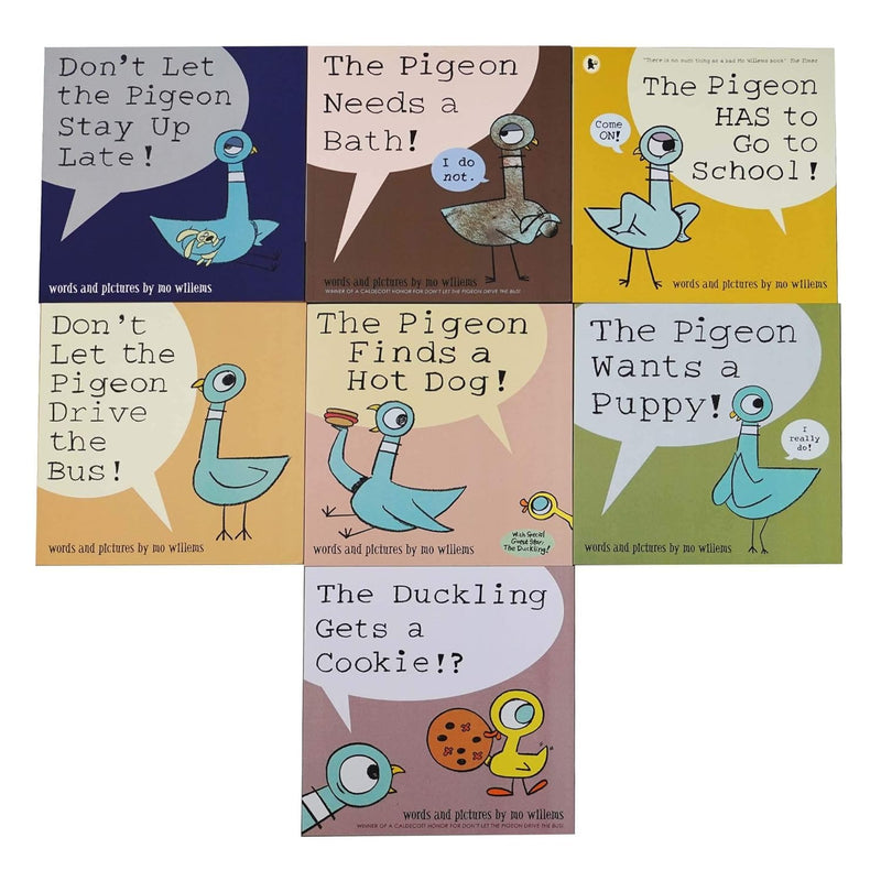 Set of Don't Let the Pigeon Series 7 books by Mo Willems featuring Pigeon characters in colorful covers for young readers.