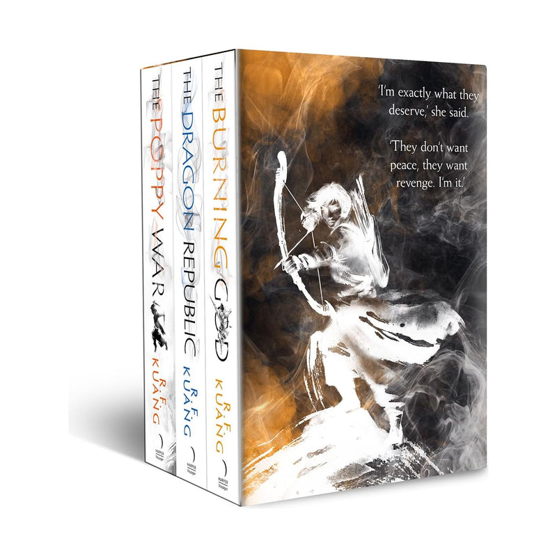 Boxset of R.F. Kuang's Poppy War Series 3 books, including The Poppy War and The Dragon Republic, in a HarperVoyager collection.