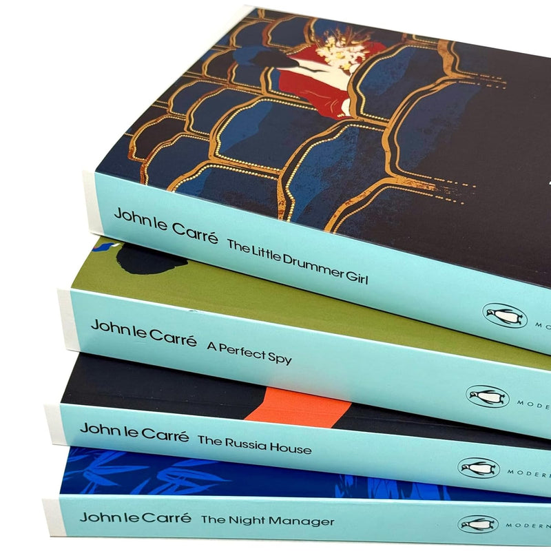 Set of four John le Carré books including The Little Drummer Girl, A Perfect Spy, The Russia House, and The Night Manager by Penguin