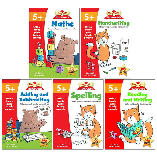 Age 5+ Key Skills Help With Homework 5 Books Collection Set with Stickers (Maths, Handwriting, Adding & Subtracting, Spelling, Reading & Writing) - The Book Bundle