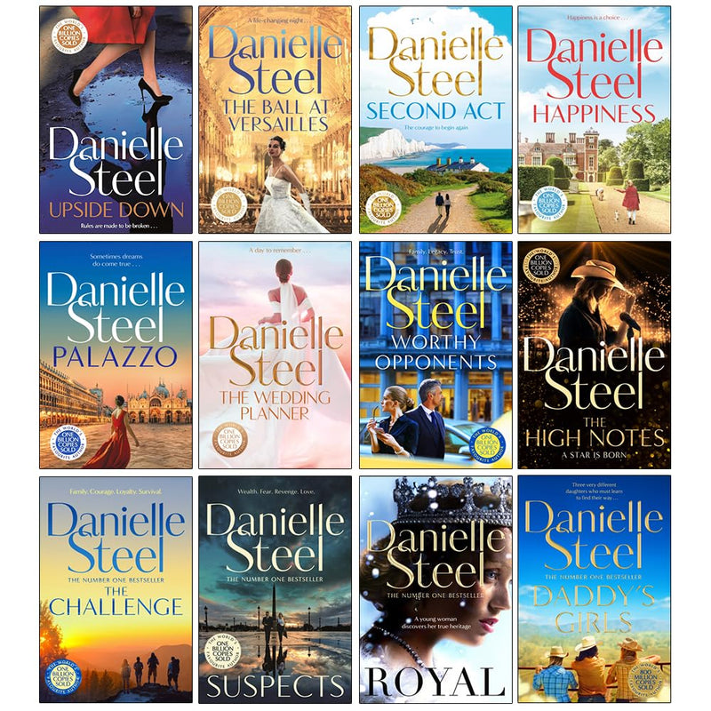 Danielle Steel collection of 12 books including Upside Down, The Ball at Versailles, and The Wedding Planner, displayed together.