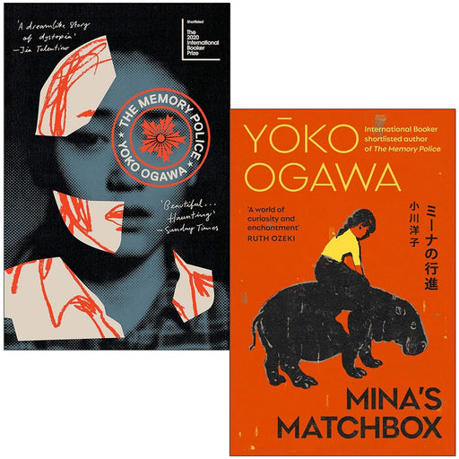 Vintage limited edition paperback set of The Memory Police and Mina's Matchbox by Yoko Ogawa, featuring two fiction books in matching covers.
