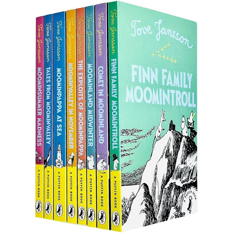 Set of eight Puffin Moomintroll books by Tove Jansson, including Finn Family Moomintroll and Comet in Moominland, featuring colorful covers.