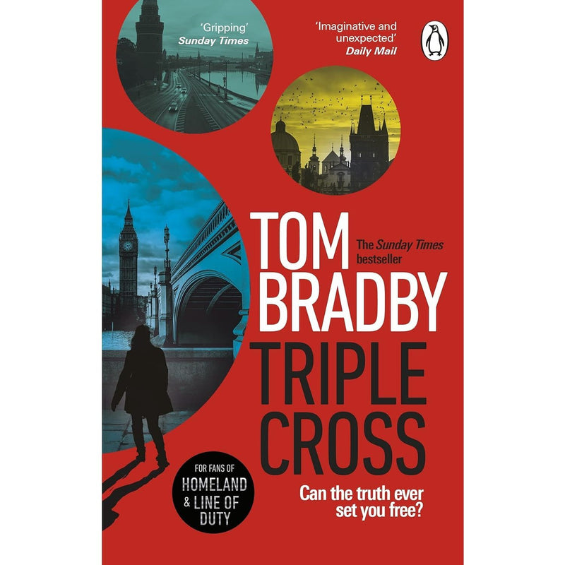 Four paperback spy fiction books by Tom Bradby featuring Secret Service, Double Agent, Triple Cross, and Shadow Dancer collection.