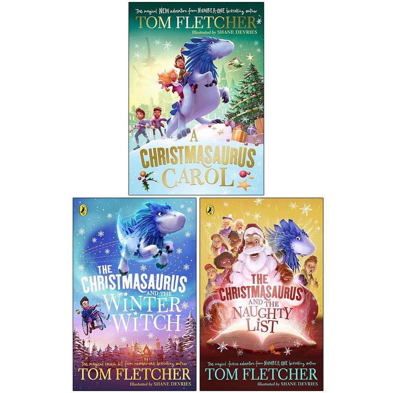Tom Fletcher The Christmasaurus collection of 3 Puffin books, featuring colorful covers with festive illustrations.