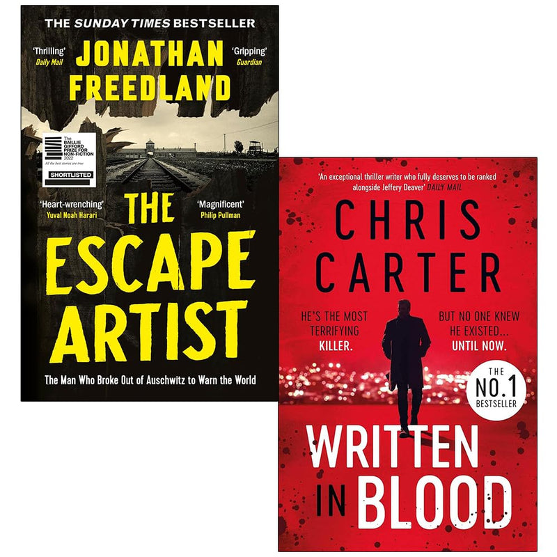 Two book collection set featuring "The Escape Artist" by Jonathan Freedland and "Written in Blood" by Chris Carter, displayed together.