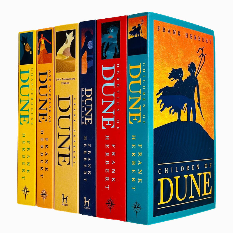 Set of six Frank Herbert Dune series books including Dune, Messiah, God Emperor, Heretics, Chapter House, and Children of Dune.