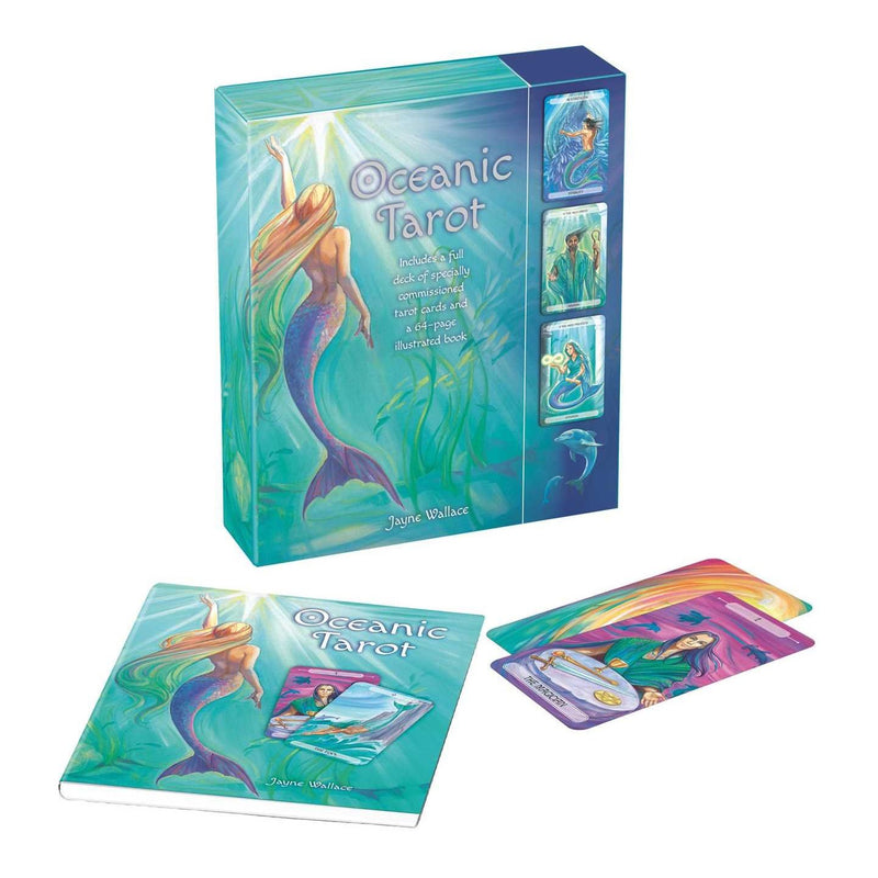 Oceanic Tarot 78-card deck by Jayne Wallace with guidebook, featuring ocean-inspired artwork and detailed card illustrations.