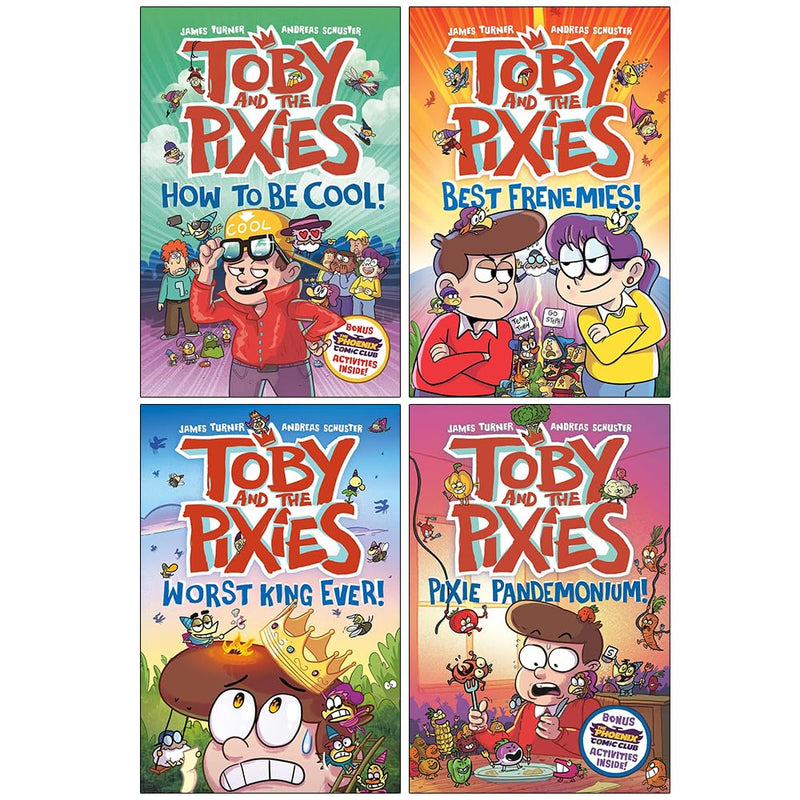 Four paperback Toby and the Pixies collection books by James Turner and Andreas Schuster, featuring colorful illustrated covers.