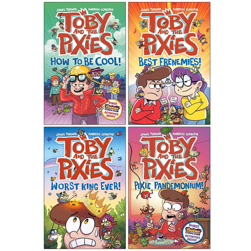 Four paperback Toby and the Pixies collection books by James Turner and Andreas Schuster, featuring colorful illustrated covers.