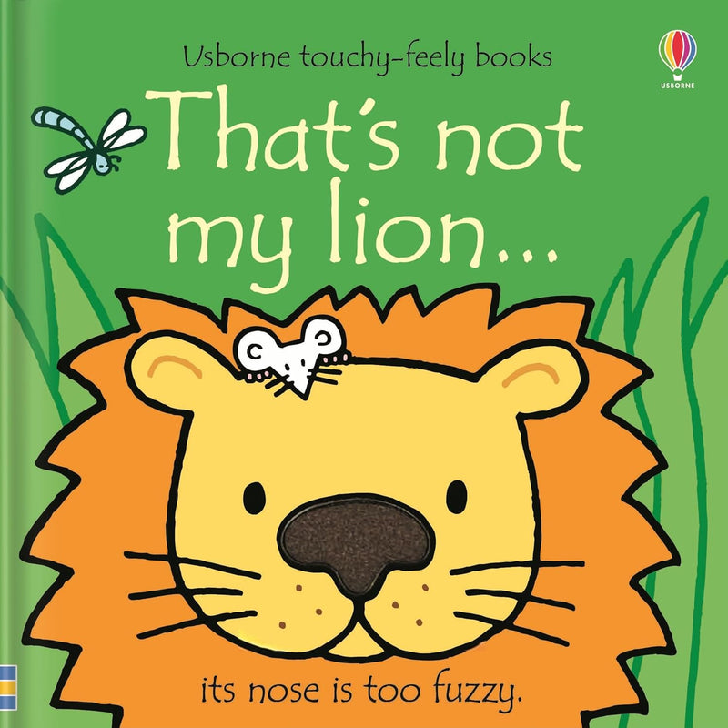 Cover of "That's Not My Lion" board book by Fiona Watt, featuring a fuzzy lion's nose for babies ages 0-2.