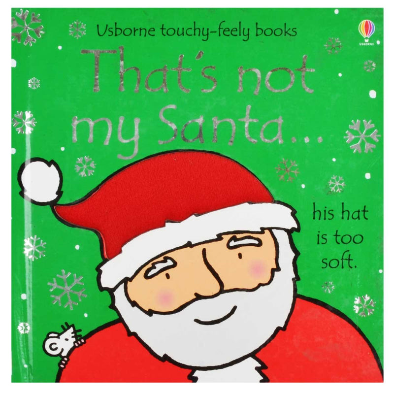 Children's book titled "That's Not My Santa" by Fiona Watt, published by Usborne Publishing, featuring festive holiday illustrations.