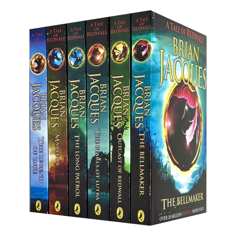 Six paperback books from The Redwall Series by Brian Jacques, hardcover set featuring colorful cover art for ages 9–12.