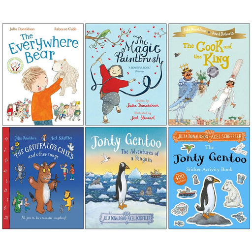 Set of six Julia Donaldson children's fiction paperback books including The Gruffalo's Child, The Everywhere Bear, The Cook and the King.