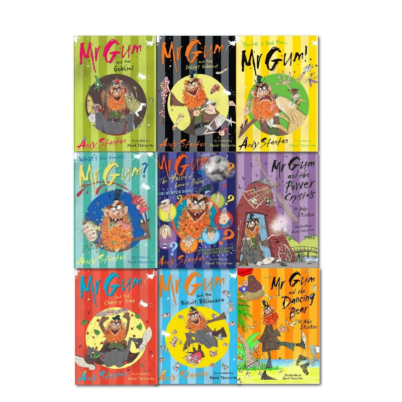 Dean & Son Mr Gum Series Books 1-9 collection by Andy Stanton featuring colorful covers with Biscuit Billionaire and More characters.