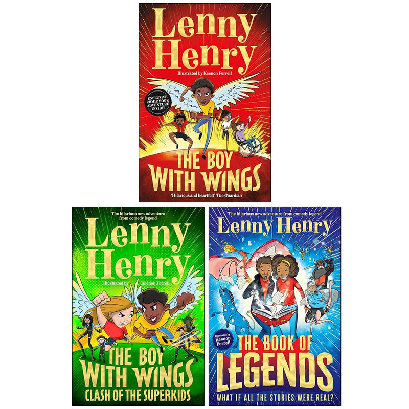 Collection of "The Boy With Wings" Series 3 books by Lenny Henry, featuring colorful cover illustrations from Macmillan Children's Books.