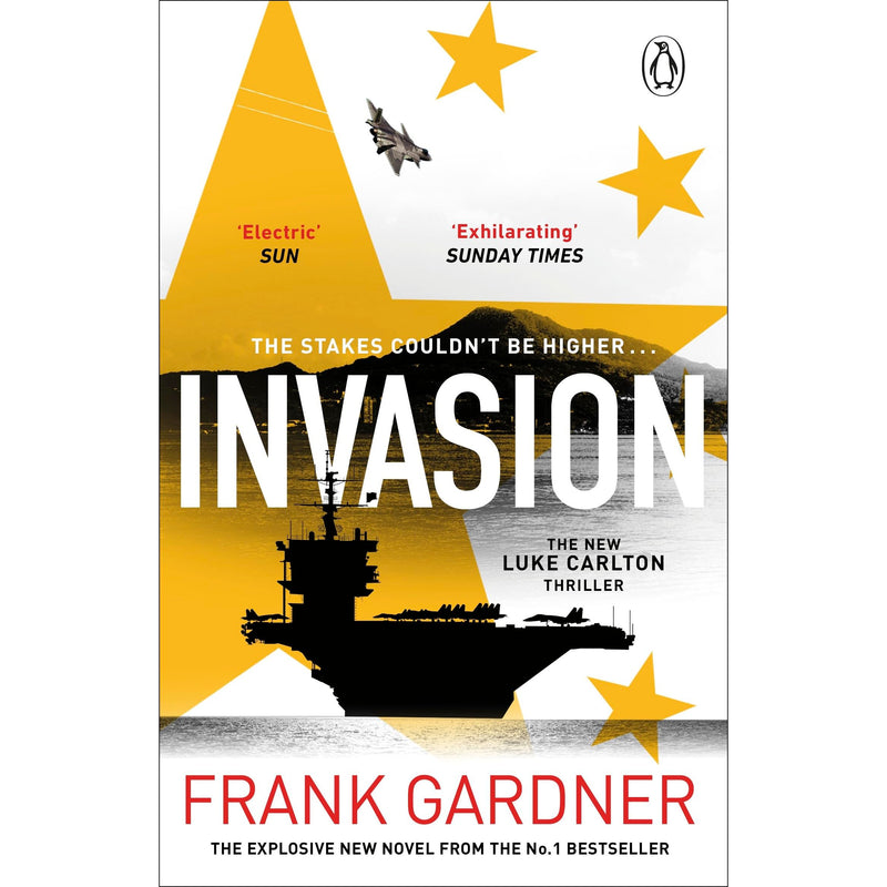Cover image of "Invasion," a spy thriller novel by Penguin, featuring a dramatic design with intense colors and espionage themes.